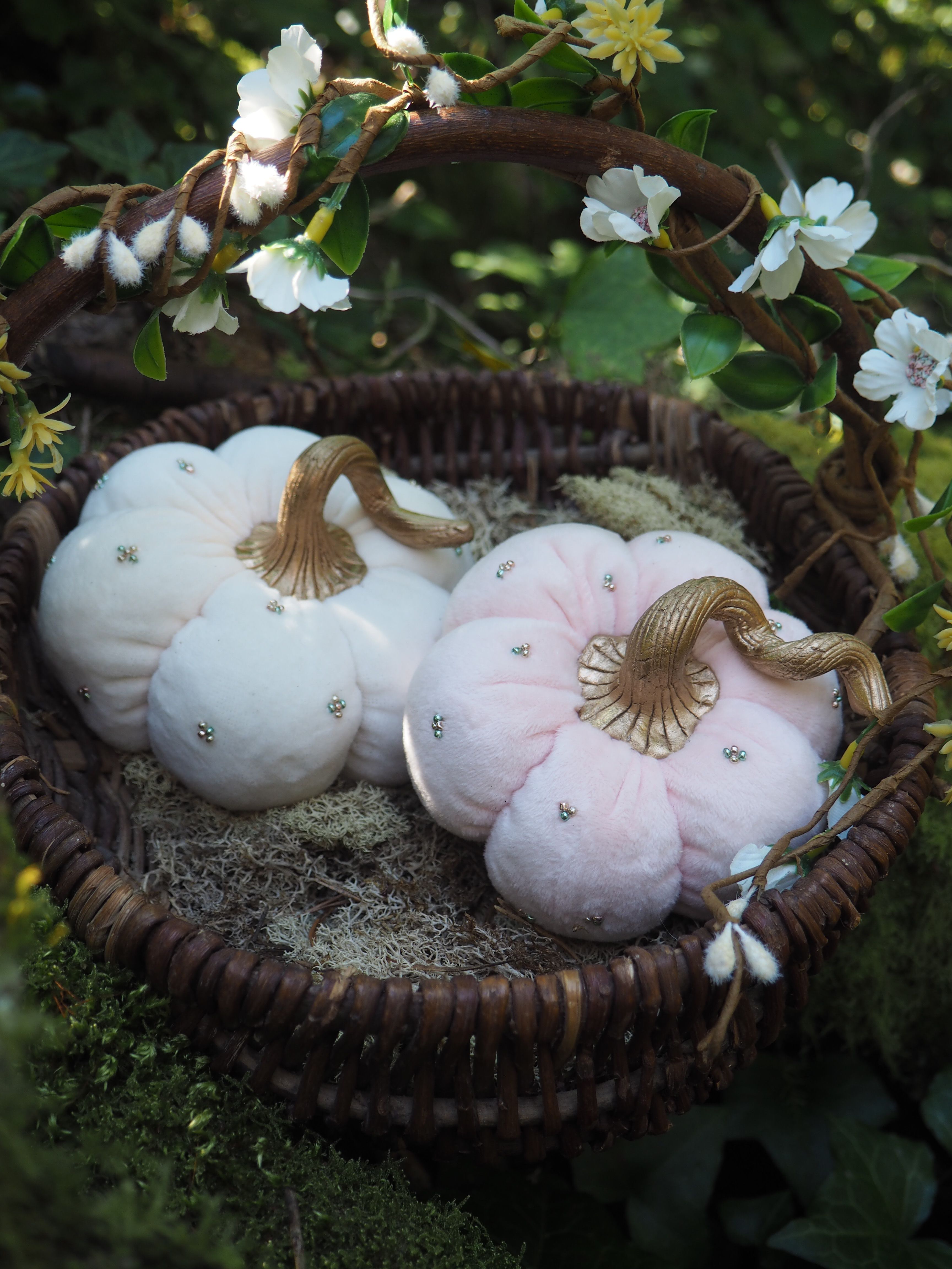 Cette image montre une composition décorative automnale très douce et romantique. Dans un panier en osier foncé sont disposées des citrouilles décoratives en tissu ou en velours, certaines blanches et d'autres dans des tons rose pâle. Ces citrouilles sont ornées de tiges dorées qui leur donnent un aspect élégant. Le panier est placé dans un décor naturel, avec des fleurs blanches délicates (qui semblent être des fleurs de pommier ou de cerisier) encadrant la scène. L'ensemble crée une ambiance très poétique et féerique, s'éloignant du style traditionnel orange et noir d'Halloween pour offrir une décoration plus douce et raffinée.