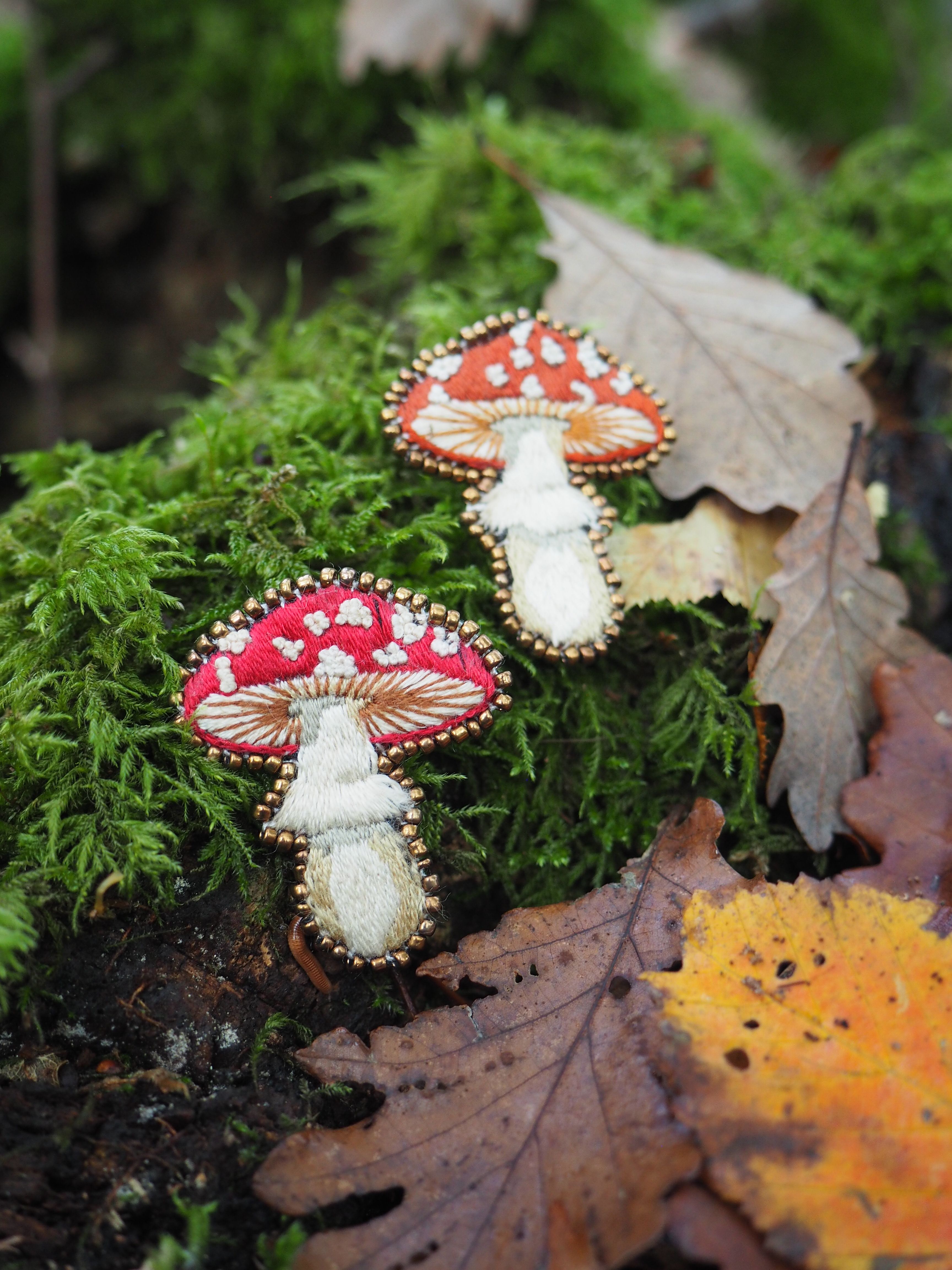 Cette image présente une scène forestière enchantée avec deux champignons décoratifs aux couleurs vives posés sur un tronc d'arbre recouvert de mousse.  **Éléments principaux :**
- **Champignons** : Deux champignons artificiels ou stylisés avec des chapeaux rouge vif ornés de points blancs caractéristiques, rappelant les amanites tue-mouches. Ils ont des pieds blancs et semblent être des objets décoratifs plutôt que de vrais champignons. **Environnement :**
- **Support** : Un tronc d'arbre ou une branche recouverte d'une mousse verte luxuriante et dense
- **Feuillage** : Des feuilles d'automne aux teintes dorées et orangées parsèment la scène
- **Arrière-plan** : Végétation floue créant une atmosphère forestière naturelle **Ambiance :**
L'image évoque un conte de fées ou un univers fantastique, avec ses couleurs contrastées - le rouge éclatant des champignons contre le vert intense de la mousse. La composition crée une atmosphère magique et féerique, typique des illustrations de contes pour enfants. La profondeur de champ met l'accent sur les champignons décoratifs tout en conservant le contexte naturel de la forêt.