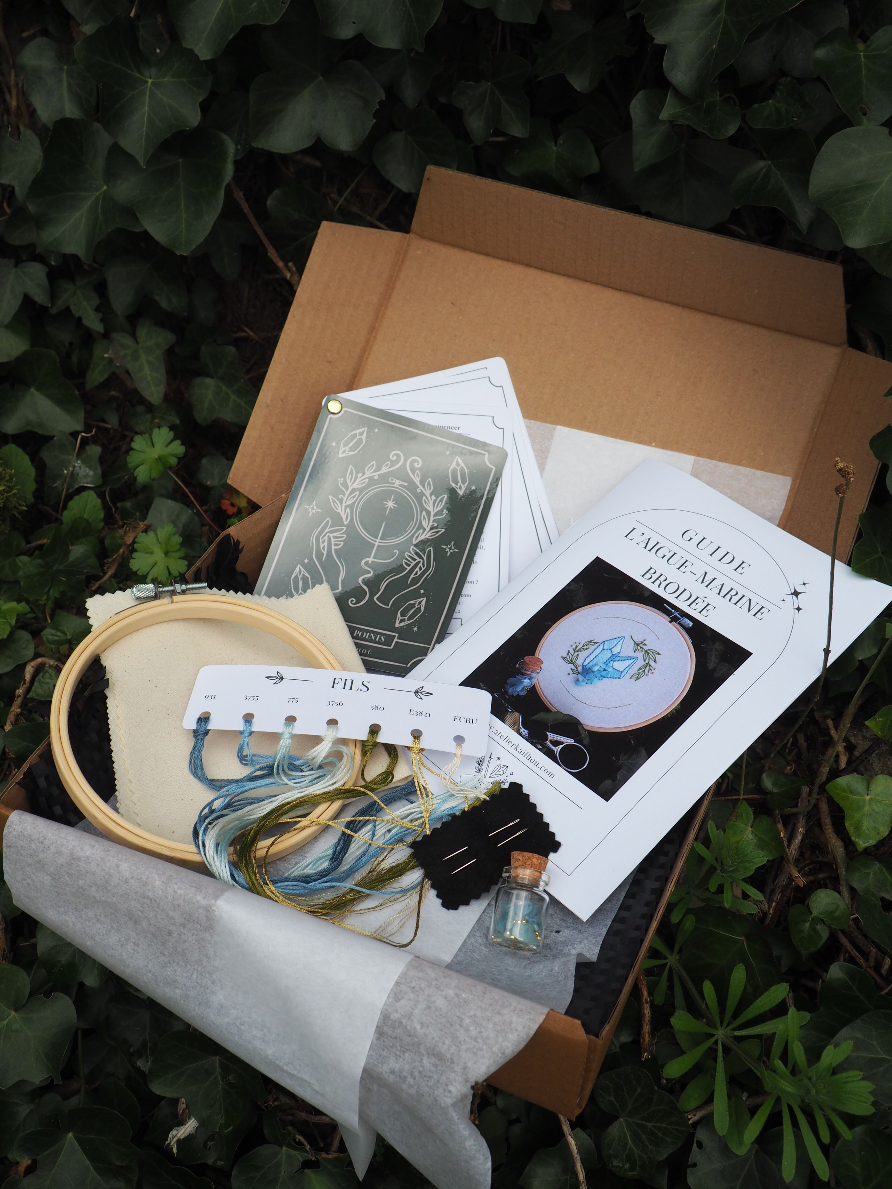 Cette image montre ce qui semble être un kit de broderie déballé. On peut voir : - Un cercle à broder en bois
- Des fils de broderie dans des tons de bleu et vert
- Des instructions ou patrons sur papier
- Une boîte en carton marron qui contenait probablement le kit
- Un fond de feuillage vert sombre
- Ce qui semble être du tissu blanc ou gris clair C'est typique d'un kit de broderie "prêt à commencer" qui contient tous les éléments nécessaires pour réaliser un projet de broderie. L'image a une ambiance artisanale et créative, suggérant un nouveau projet artistique sur le point de débuter.