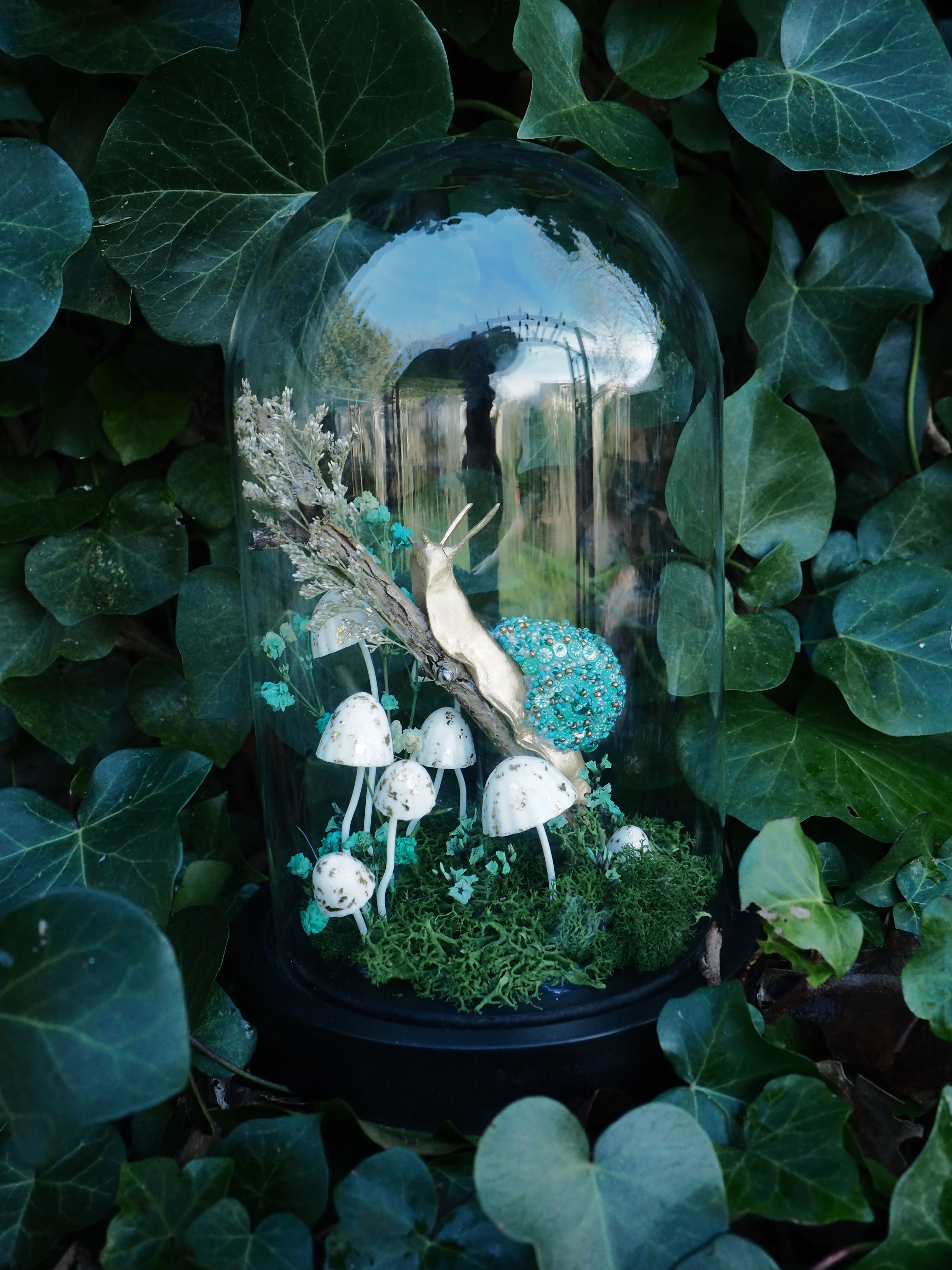 L'image présente un terrarium en forme de cloche en verre, posé au milieu d'un feuillage vert luxuriant, probablement du lierre. À l'intérieur de la cloche, on observe une scène miniature de forêt ou de sous-bois. Au centre, un escargot de couleur claire, presque blanc ou beige, est posé sur une branche ou une brindille. Autour de lui, plusieurs champignons blancs avec des chapeaux ronds et des pieds fins sont disposés, créant une ambiance féerique. Le sol du terrarium est recouvert de mousse verte, et on peut distinguer quelques éléments décoratifs bleus ou turquoise, peut-être des petites pierres ou des fragments de verre coloré, ajoutant une touche de couleur. À l'arrière-plan, il y a aussi des éléments végétaux secs ou des herbes hautes de couleur claire. La cloche en verre reflète légèrement l'environnement extérieur, et la lumière semble venir d'en haut, illuminant la scène intérieure. L'ensemble dégage une atmosphère mystérieuse et naturelle, comme un petit écosystème préservé.