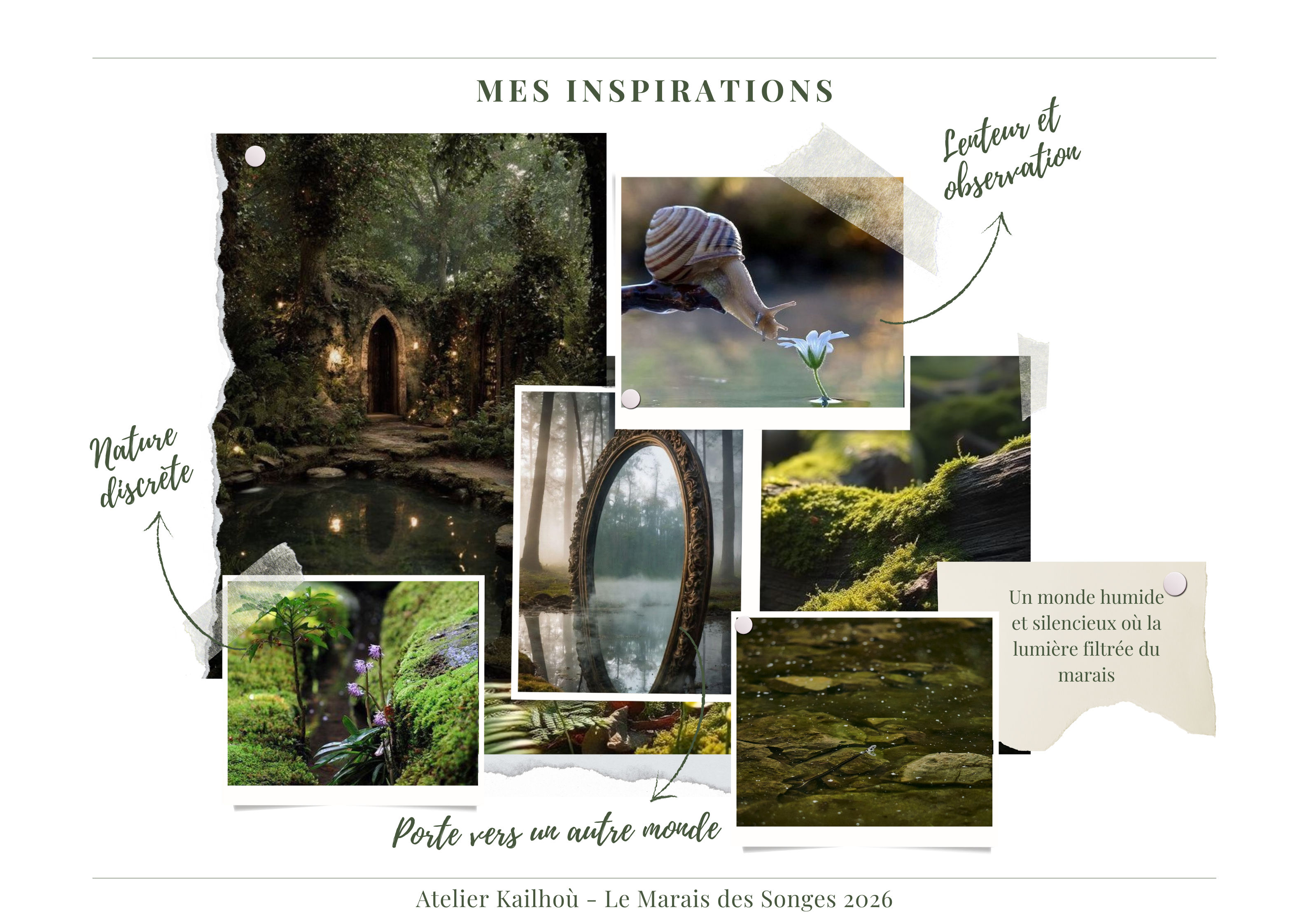 This image is a mood board titled "MES INSPIRATIONS" (My Inspirations), likely for a creative project named "Atelier Kailhoù - Le Marais des Songes 2026" (Kailhoù Workshop - The Marsh of Dreams 2026). The overall aesthetic is natural, mystical, and serene, focusing on elements found in nature, particularly moss, water, and soft light. Here's a breakdown of the visual properties and themes: **Dominant Colors:**
*   **Greens:** Various shades of green, from deep forest green to vibrant moss green, are prominent throughout the images, emphasizing nature.
*   **Browns/Earth Tones:** Present in tree trunks, soil, and the snail's shell, grounding the palette.
*   **Soft Yellows/Golds:** Appearing as magical light sources (fairy lights, sunlight filtering through trees) and in the snail's shell, adding warmth and a touch of enchantment.
*   **Grays/Blues:** In the misty reflections of the mirror image and the water, contributing to a tranquil and ethereal atmosphere. **Key Objects and Textures:**
*   **Moss:** Featured heavily in multiple images, showcasing its soft, velvety, and intricate textures. It covers rocks, tree trunks, and the ground, suggesting age, dampness, and lushness.
*   **Water:** Appears as still ponds, reflective surfaces, and flowing streams, adding a sense of calm, depth, and mystery.
*   **Trees/Foliage:** Dense and often dark, creating a sense of enclosure, secrecy, and ancientness.
*   **Light:** Plays a crucial role, often depicted as dappled, filtered, or glowing (e.g., fairy lights in the forest dwelling, sunlight on the snail). This creates a magical and ethereal quality.
*   **Snail:** A close-up shot of a snail on a leaf, symbolizing "Lenteur et observation" (Slowness and observation). Its shell has a smooth, slightly iridescent texture.
*   **Mirror:** A large, ornate mirror reflecting a misty forest scene, symbolizing a "Porte vers un autre monde" (Door to another world). The mirror's surface is smooth and reflective, contrasting with the soft, blurred background.
*   **Stone/Rock:** Covered in moss, providing a solid, earthy base. **Themes and Mood:**
*   **Nature Discrète (Discreet Nature):** Emphasized by the text, suggesting hidden beauty, quiet corners, and subtle details within the natural world.
*   **Lenteur et Observation (Slowness and Observation):** Highlighted by the snail image, encouraging a mindful and deliberate appreciation of details.
*   **Porte vers un autre monde (Door to another world):** Represented by the mirror, evoking fantasy, escape, and the transition to a magical realm.
*   **Mystical/Enchanted:** The overall mood is one of enchantment, mystery, and a connection to folklore or fantasy, particularly with the fairy-tale-like dwelling and the misty forest scenes.
*   **Serenity/Tranquility:** The still water, soft light, and lush greenery contribute to a peaceful and calming atmosphere.
*   **Humility and Silence:** The text "Un monde humble et silencieux où la lumière filtrée du marais" (A humble and silent world where the light filtered from the marsh) further reinforces these themes. **Composition and Layout:**
The mood board uses an organic, collage-like layout with images overlapping and seemingly taped or pinned to a white background. Arrows and handwritten-style text connect specific images to their thematic descriptions, creating a dynamic yet cohesive visual narrative. The varied sizes and orientations of the images add visual interest. In summary, the image is a beautifully curated mood board that effectively communicates a vision of a magical, serene, and deeply natural world, emphasizing themes of hidden beauty, mindful observation, and otherworldly enchantment.