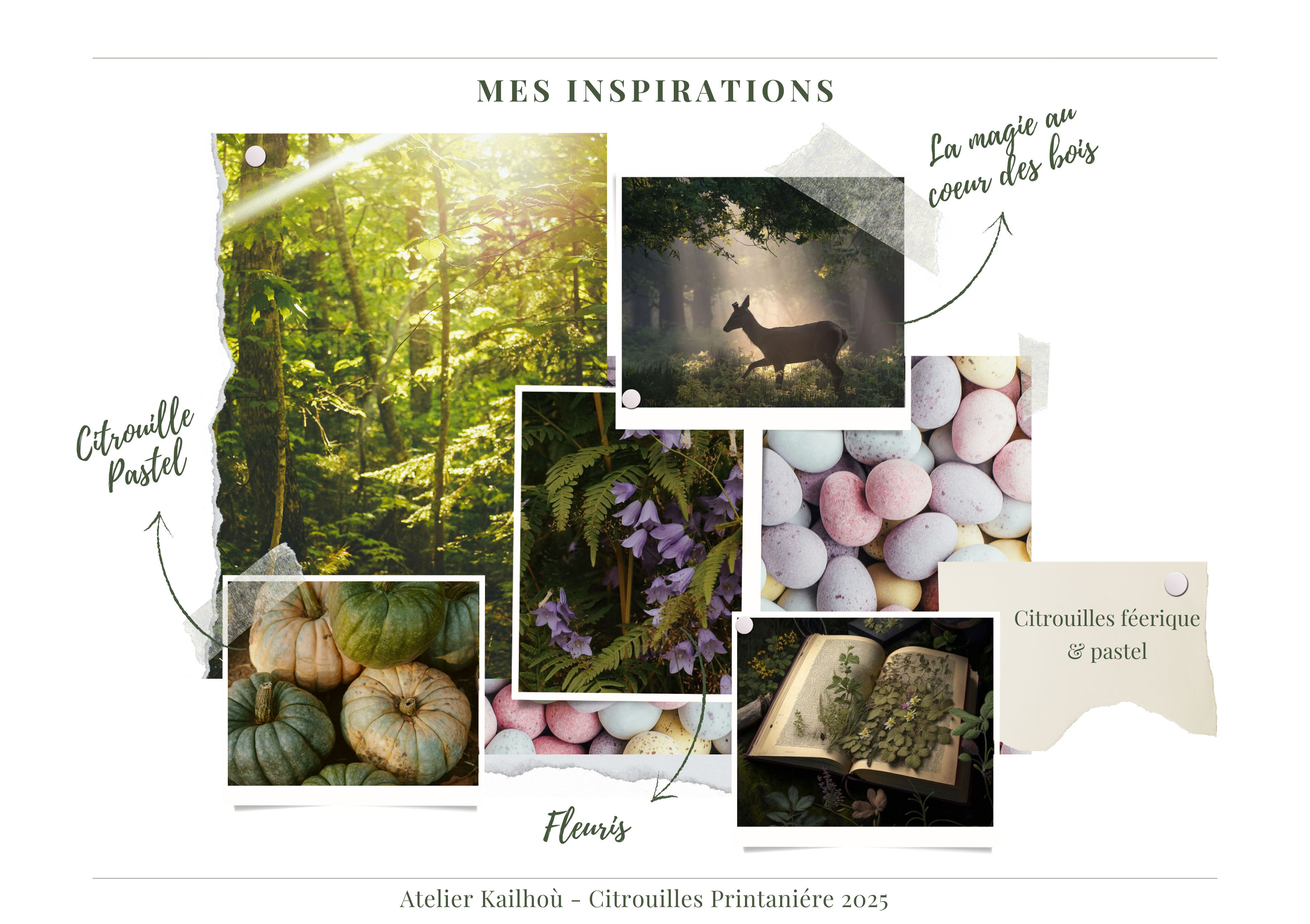 This image is a mood board titled "MES INSPIRATIONS" (My Inspirations), featuring a collection of nature-inspired photographs and text elements, arranged in a collage style on a white background. The overall aesthetic is soft, natural, and somewhat whimsical, with a focus on forest scenes, pastel colors, and organic elements. Here's a breakdown of the visual properties: **Layout and Composition:**
*   The images are arranged in an overlapping, somewhat informal grid, giving the impression of photos pinned to a board.
*   Some images have torn or rough edges, enhancing the handmade, scrapbook-like feel.
*   Small, round pins are visible on some of the images, reinforcing the mood board concept.
*   Text elements are strategically placed around the images, often with arrows pointing to relevant visuals. **Imagery and Themes:**
*   **Forest Scenes:**
    *   A prominent vertical image on the left depicts a lush, sun-drenched forest with tall trees and bright green foliage, suggesting light and growth.
    *   Another image, top right, shows a deer silhouetted in a misty, sun-dappled forest, evoking a sense of magic and tranquility. This image is accompanied by the handwritten text "La magie au coeur des bois" (The magic in the heart of the woods).
*   **Nature and Flora:**
    *   A vertical image in the center features purple flowers (possibly bluebells or similar) nestled among green ferns, highlighting delicate natural beauty.
    *   An open book with ivy growing out of its pages is shown at the bottom right, blending literature with nature and perhaps suggesting enchantment or ancient knowledge.
*   **Pastel Elements:**
    *   A cluster of small, pastel-colored pumpkins (greens, light oranges, and blues) is located on the bottom left, labeled "Citrouille Pastel" (Pastel Pumpkin) with an arrow.
    *   Two images show piles of pastel-colored, egg-shaped candies or decorative eggs (pinks, purples, yellows, whites), reinforcing a soft, sweet, and possibly spring or Easter theme. One of these is near the text "Citrouilles féerique & pastel" (Fairy pumpkins & pastel).
*   **Text Elements:**
    *   The main title "MES INSPIRATIONS" is at the top center in a clean, sans-serif font.
    *   Handwritten-style text labels like "Citrouille Pastel," "La magie au coeur des bois," "Fleuris" (Flowery), and "Citrouilles féerique & pastel" add a personal and artistic touch.
    *   A footer at the bottom reads "Atelier Kailhoù - Citrouilles Printaniére 2025," indicating a brand or event and a specific year, suggesting a seasonal or themed collection. **Color Palette:**
*   Dominant colors are various shades of green (from lush forest to muted pumpkin), soft pastels (pink, purple, yellow, light blue, cream), and natural browns.
*   The overall palette is harmonious and calming, reflecting nature and gentle aesthetics. **Overall Impression:**
The mood board conveys a sense of natural beauty, enchantment, and a gentle, perhaps spring-themed, aesthetic. It combines elements of forest magic, delicate flora, and soft, pastel hues, likely inspiring a creative project or collection related to nature, fantasy, or seasonal decor.