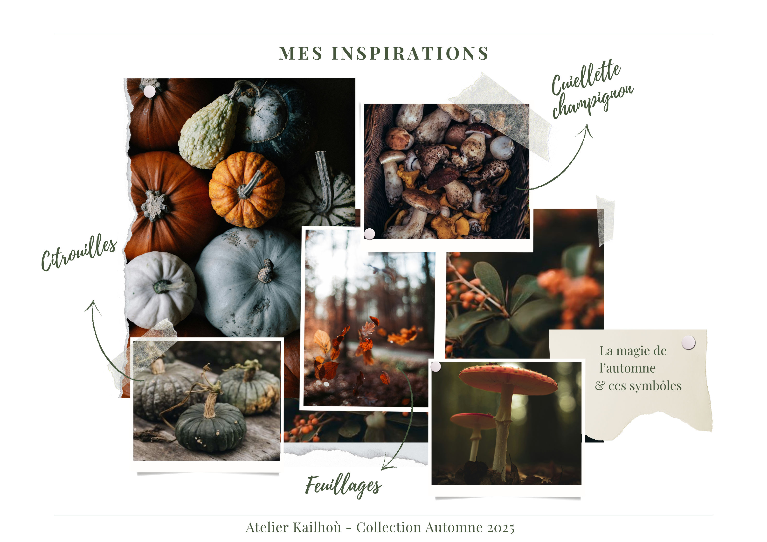 Cette image présente un moodboard automnal élégant intitulé "MES INSPIRATIONS" pour la collection Automne 2025 de l'Atelier Kailhoo. La composition rassemble plusieurs photographies disposées de manière artistique qui capturent l'essence de l'automne : **Éléments visuels principaux :**
- Des citrouilles et courges dans des tons oranges, verts et bleus-gris
- Des champignons sauvages aux textures organiques
- Un feuillage automnal aux couleurs chaudes (oranges, rouges, dorés)
- Des baies et fruits d'automne
- Une ambiance générale chaleureuse et naturelle **Annotations en français :**
- "Citrouilles" pointant vers les courges colorées
- "Cueillette champignons" désignant les champignons
- "Feuillages" indiquant la végétation automnale
- "La magie de l'automne et ses symboles" dans un encadré explicatif Le style photographique privilégie des tons terreux et chaleureux, avec une esthétique naturelle et organique qui évoque parfaitement l'atmosphère automnale. Cette planche d'inspiration semble destinée à guider une collection créative s'inspirant des couleurs, textures et symboles caractéristiques de cette saison.