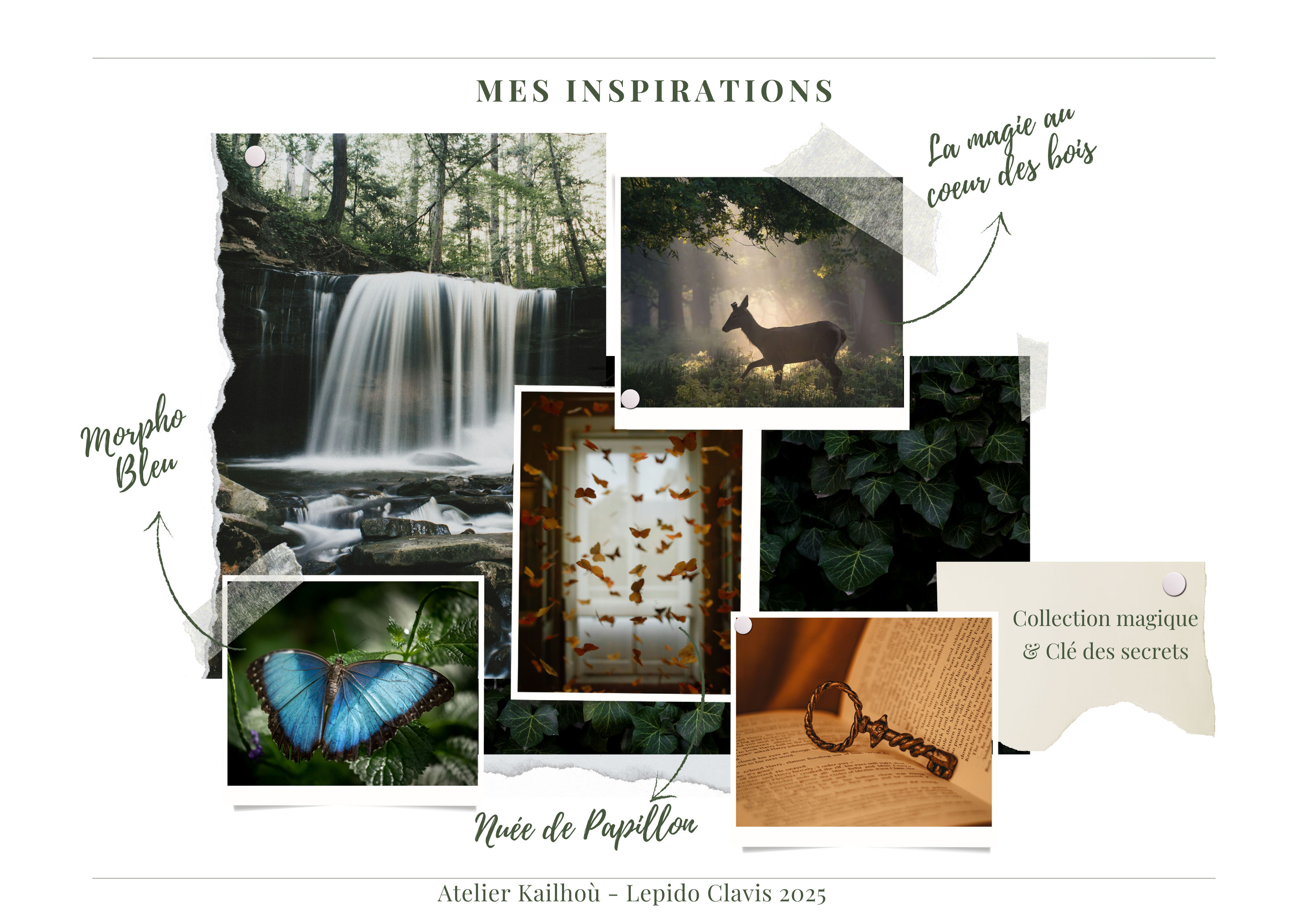 Cette image est un mood board ou tableau d'inspirations qui combine plusieurs photographies sur un thème mystérieux et naturel. On y trouve : 1. Une cascade majestueuse dans une forêt ("Magique flow")
2. Une scène de forêt brumeuse avec un cerf en silhouette
3. Un magnifique papillon bleu ("Note de Papillon")
4. Une image montrant des papillons encadrés ou présentés dans une vitrine
5. Des feuillages sombres et mystérieux
6. Une vieille clé sur ce qui semble être une surface texturée Le titre indique "MES INSPIRATIONS" et il y a une mention "Collection magique et Clé des secrets" ainsi que "Atelier Kailhiot - Lepido Clavix 2025" L'ensemble crée une atmosphère enchantée et mystérieuse, mélangeant des éléments naturels (cascade, papillon, cerf) avec des touches de magie et de mystère (la clé, l'ambiance brumeuse). Les tons sont principalement naturels, avec des verts, des bleus et des bruns qui dominent la composition.