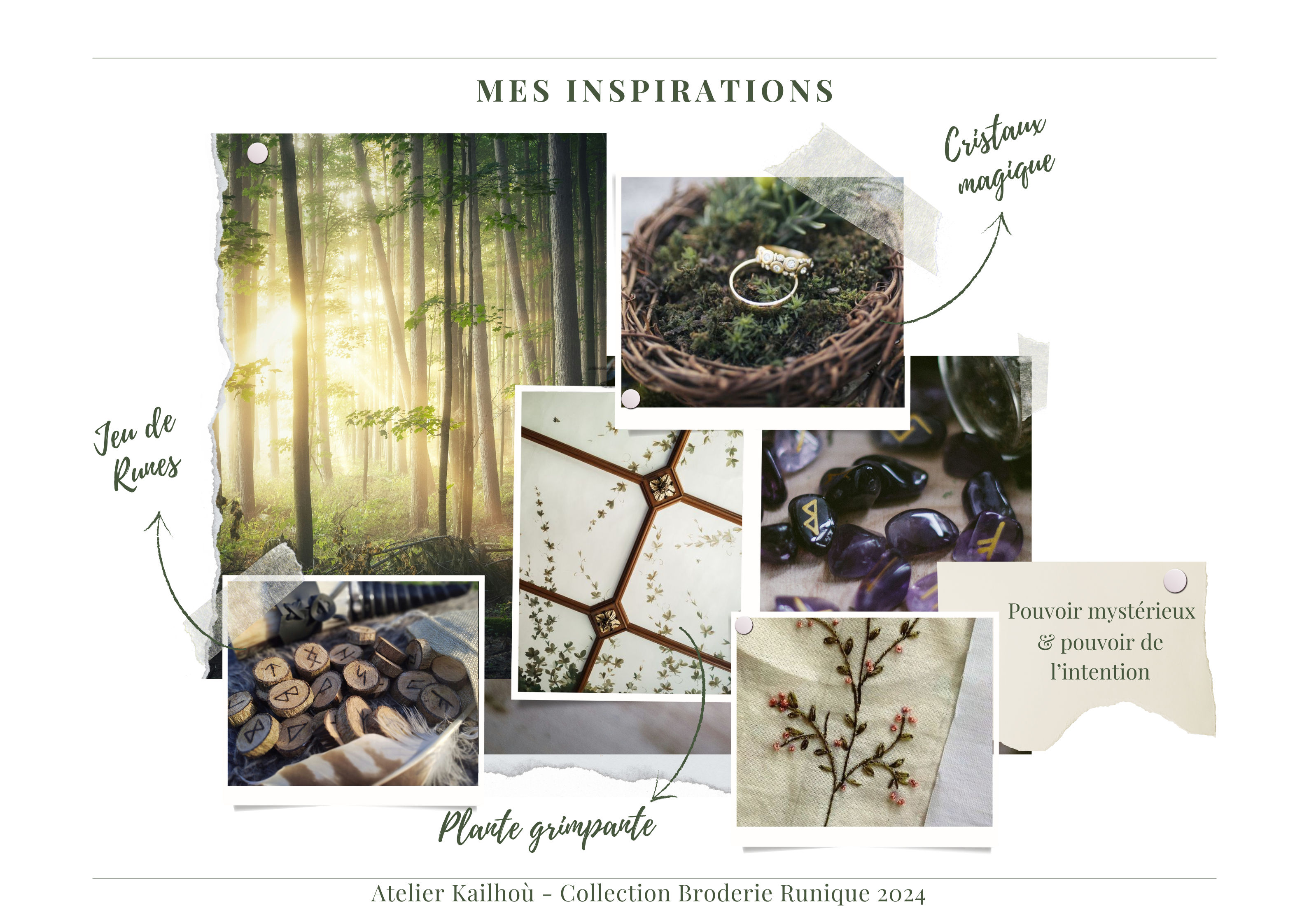Cette image est un mood board ou tableau d'inspirations intitulé "MES INSPIRATIONS". Il présente plusieurs photos disposées de manière artistique qui semblent être liées à la nature et à la forêt : 1. Une grande photo de forêt avec des rayons de soleil filtrant à travers les bambous
2. Une image de bois empilé avec l'annotation "Jeu de lignes"
3. Une photo d'un nid ou panier naturel avec un anneau, marquée "Création magique"
4. Des motifs qui ressemblent à des branches ou des craquelures, notés "Plante grimpante"
5. Des éléments botaniques ou végétaux Le design global a une ambiance naturelle et mystique, avec des tons verts, bruns et dorés. Il semble faire partie d'une collection de broderie tunique 2024 par "Atelier Kailhoé". L'ensemble dégage une atmosphère poétique et organique, avec une mention "Pouvoir mystérieux & pouvoir de l'intention" qui renforce cette impression. C'est un bel exemple de comment la nature peut inspirer le design et l'art, particulièrement dans le domaine textile et de la broderie.