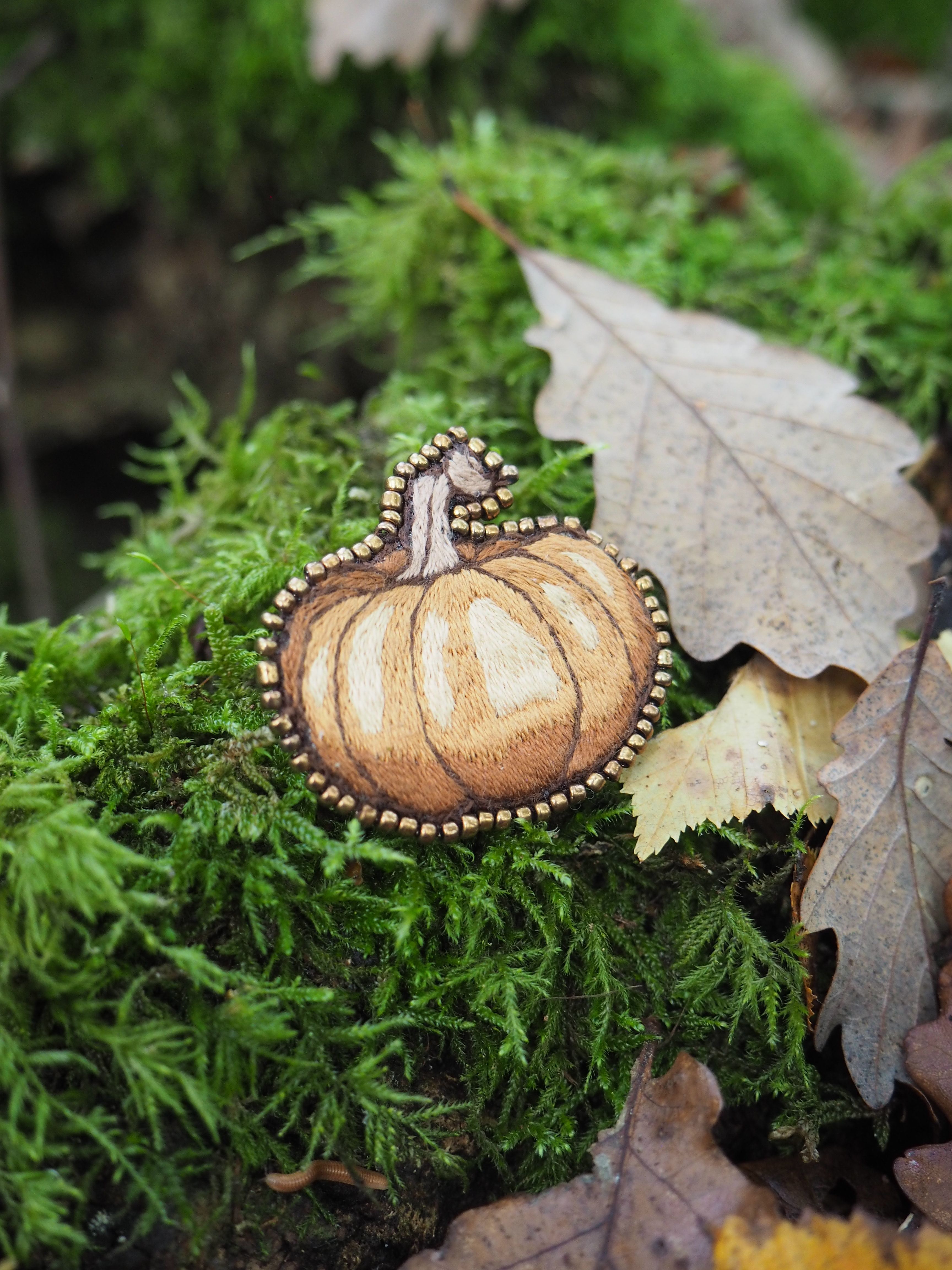 Cette image présente une scène automnale charmante et artistique. Au premier plan, on découvre un pendentif ou une broche décorative en forme de citrouille, finement travaillée avec des détails dorés et ornée de ce qui semble être de petites perles ou strass sur le contour. Cette pièce de bijouterie évoque parfaitement l'esprit d'Halloween ou de l'automne. L'objet repose délicatement sur un tapis de mousse verte luxuriante, créant un joli contraste de couleurs entre l'orange doré de la citrouille et le vert vibrant de la végétation. Quelques feuilles mortes aux teintes brunes et dorées sont éparpillées dans la composition, renforçant l'atmosphère saisonnière. L'arrière-plan présente un flou artistique (bokeh) qui met en valeur le sujet principal tout en laissant deviner un environnement naturel verdoyant. L'éclairage doux et naturel sublime les textures et crée une ambiance poétique et contemplative, typique d'une promenade en forêt durant la saison automnale. Cette mise en scène évoque la beauté des petits détails de la nature et l'art de transformer des éléments décoratifs en véritables œuvres photographiques.