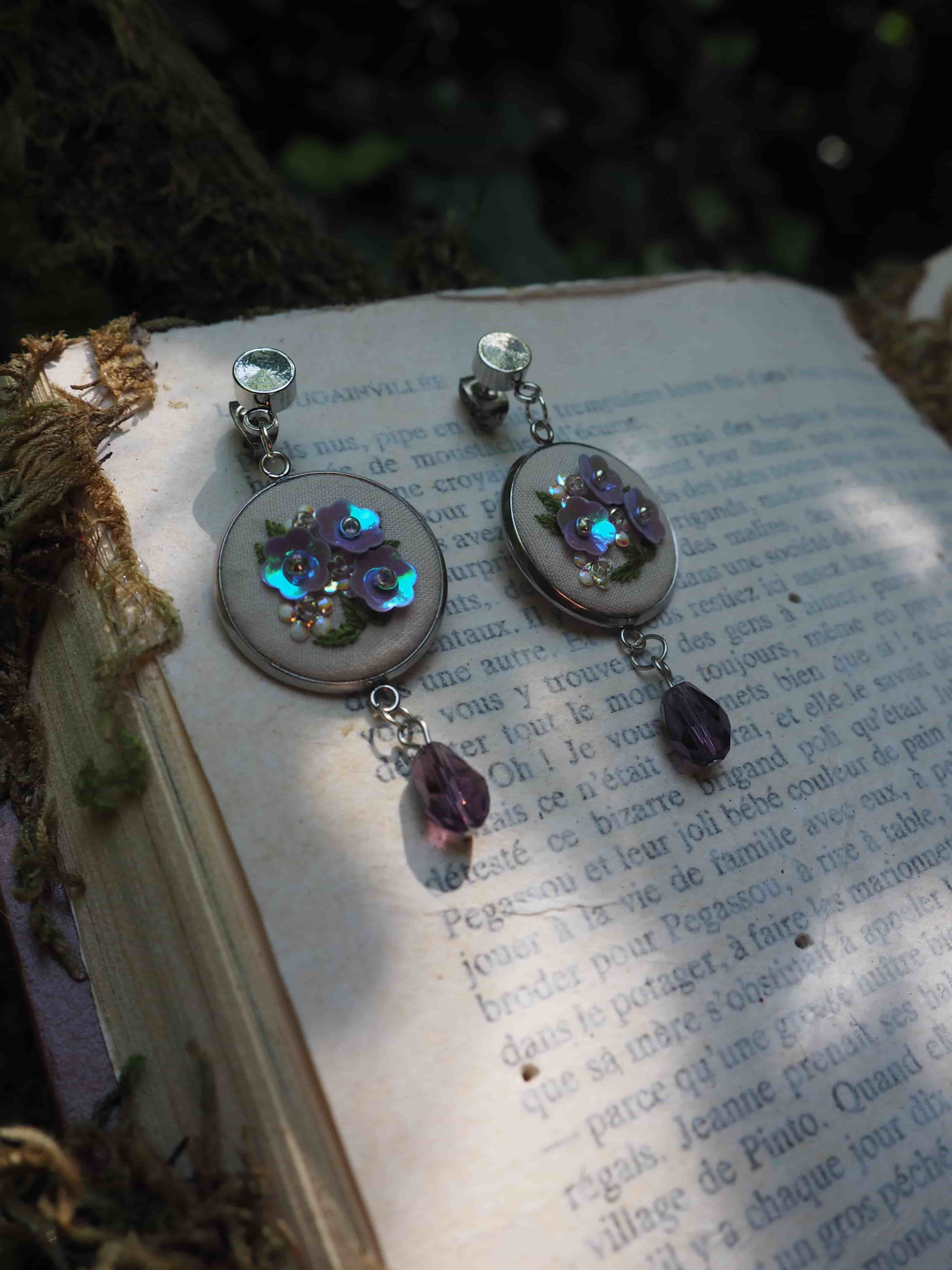 L'image montre des bijoux ou des pendentifs décoratifs posés sur un livre ouvert. Ces pendentifs semblent être faits avec des petites LED bleues qui brillent, créant un effet lumineux mystérieux. Ils sont accompagnés de ce qui semble être des perles ou des cristaux violets. Les pendentifs reposent sur les pages d'un livre en français, dont on peut apercevoir le texte imprimé en dessous. L'ensemble crée une atmosphère féerique et magique, comme si ces bijoux lumineux étaient des artefacts enchantés sortis d'un conte.