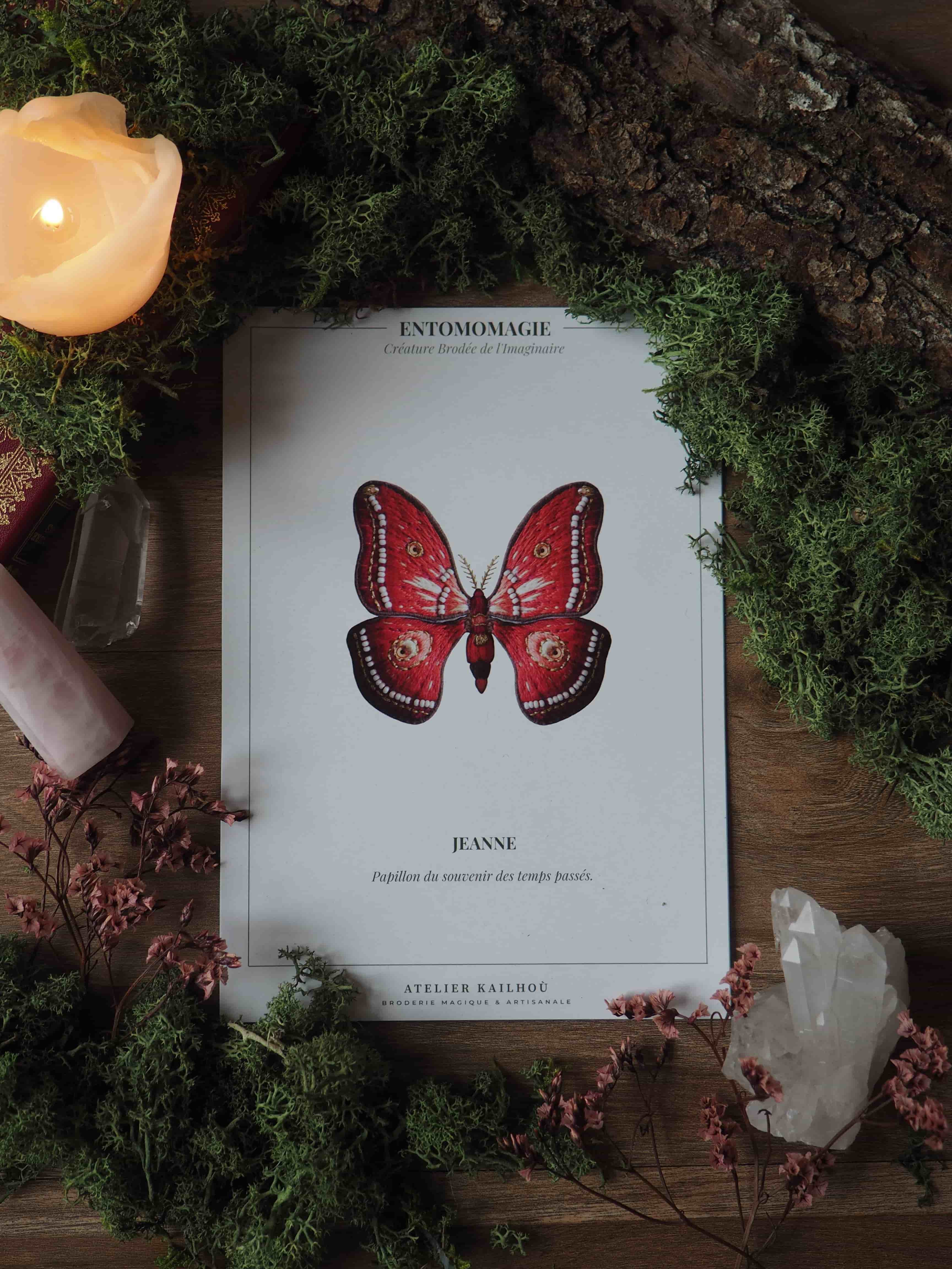 L'image montre une composition artistique centrée autour d'un livre ou d'une illustration intitulée "Entomomagie". Le livre présente une belle illustration d'un papillon rouge vif nommé "Jeanne".  Autour du livre, on trouve divers éléments naturels créant une ambiance mystique et forestière :
- De la mousse verte et des brindilles entourent le livre
- Une bougie allumée de couleur pêche est visible dans le coin supérieur gauche
- Des cristaux, notamment un cristal de quartz blanc, sont disposés autour
- On aperçoit également ce qui semble être des fleurs séchées ou des petites baies rouges L'ensemble crée une atmosphère enchantée, comme si on découvrait un grimoire magique au cœur d'une forêt. Les couleurs dominantes sont le vert de la végétation, le rouge vif du papillon, et les tons chauds de la bougie, contrastant avec le fond sombre en bois. Cette mise en scène évoque un univers de magie naturelle, de secrets de la forêt, et une connexion entre le monde des insectes et celui de la magie ou de la spiritualité.