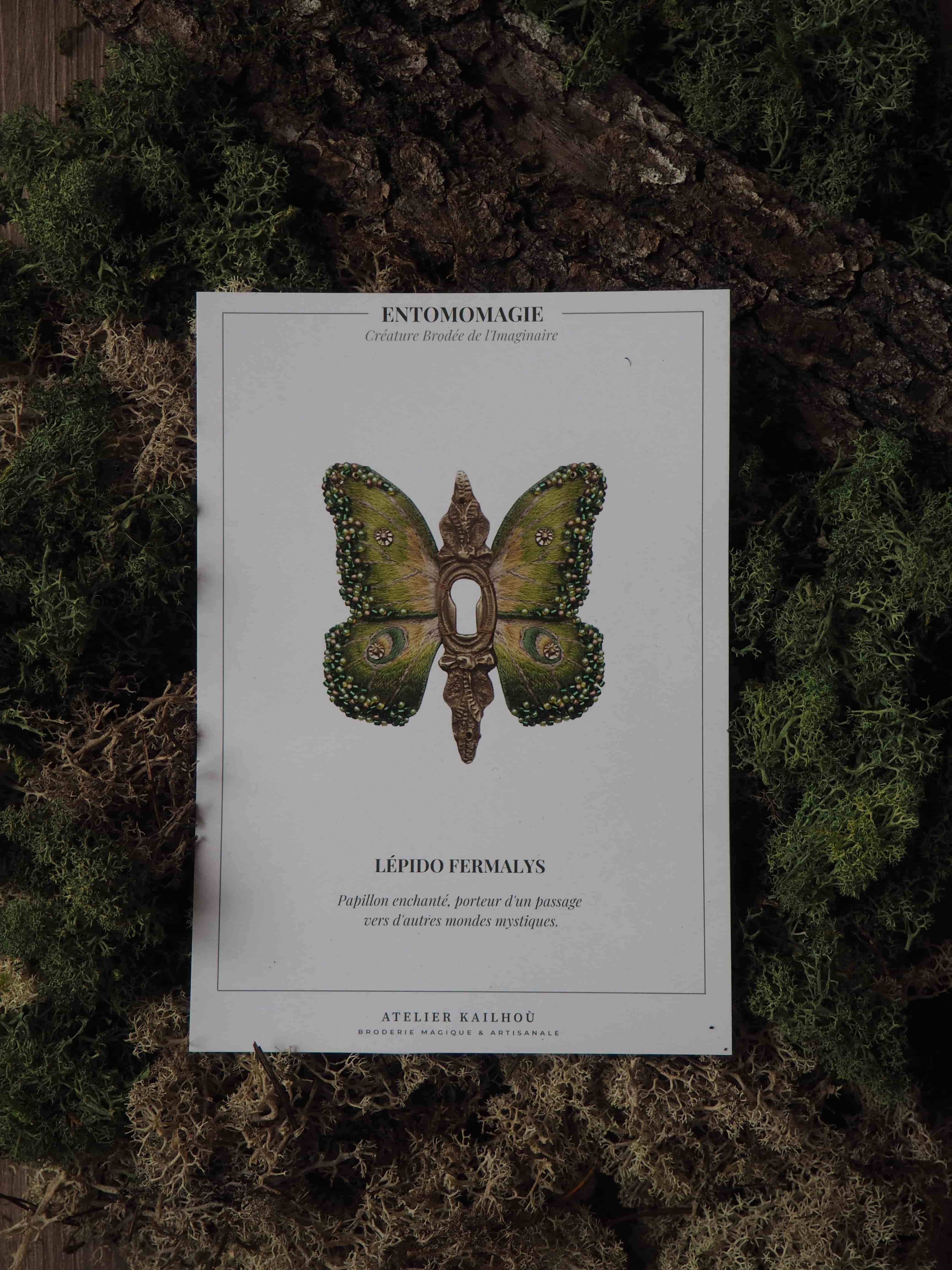 L'image montre une illustration encadrée d'un papillon posée sur un fond naturel composé de mousse et d'écorce. L'illustration est intitulée "ENTOMOMAGIE" en haut et présente un papillon aux ailes vertes et dorées, finement détaillées.  Sous l'image du papillon, on peut lire "LEPIDOPTIMAUX", suivi d'un texte plus petit en français qui semble décrire le papillon. Le cadre blanc de l'illustration contraste avec le fond naturel texturé, créant un effet intéressant entre l'art et la nature. L'ensemble évoque une présentation scientifique ou artistique d'un spécimen de papillon, mais avec une touche de fantaisie ou de magie suggérée par le titre "ENTOMOMAGIE". Cette composition met en valeur la beauté et la délicatesse du papillon tout en le plaçant dans un contexte qui rappelle son habitat naturel, créant ainsi un lien visuel entre l'illustration scientifique et l'environnement de l'insecte.