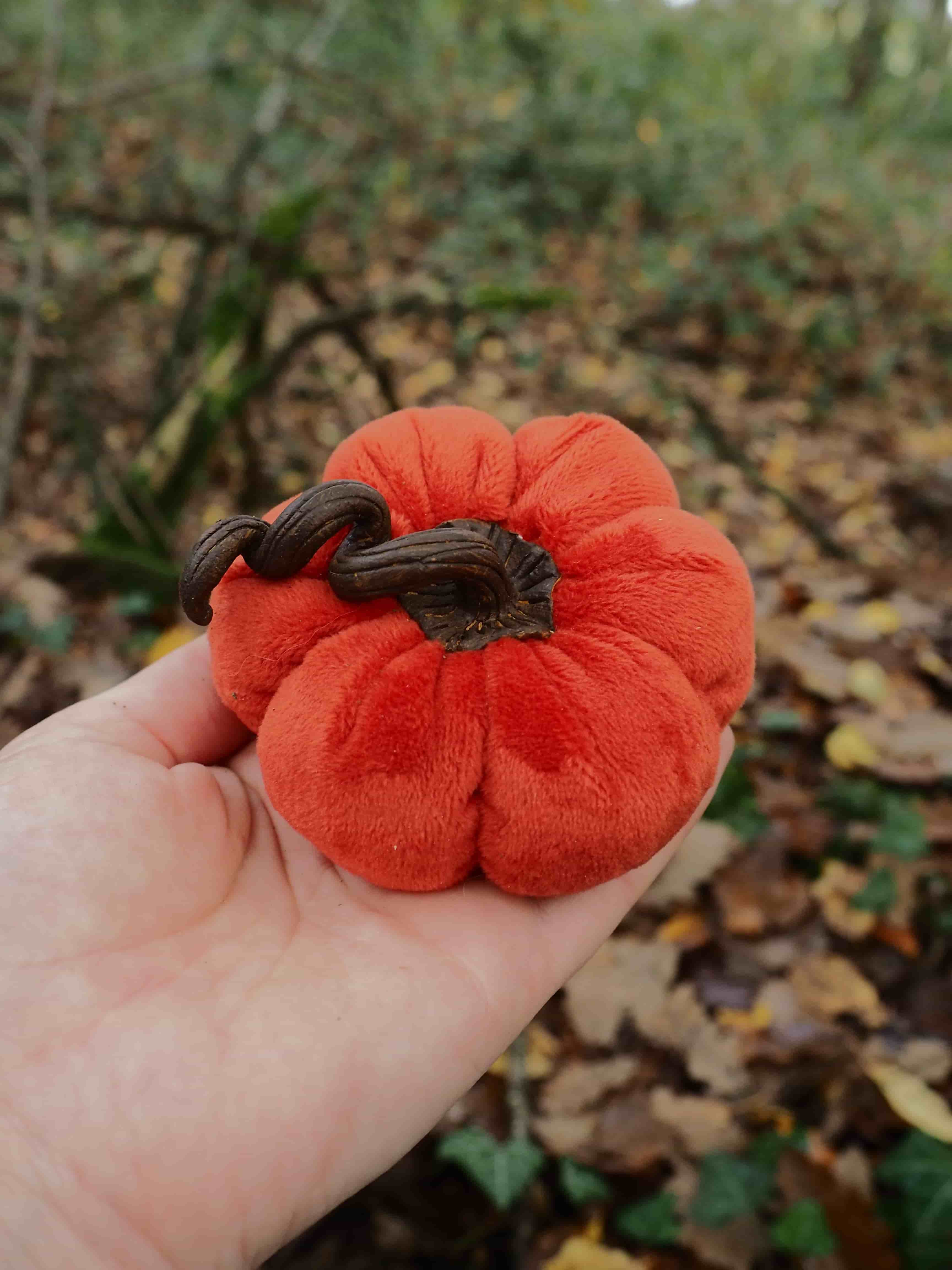 Cette image montre une main tenant un petit objet décoratif en forme de citrouille orange. L'objet semble être fait de tissu ou de feutre, avec une texture douce et rembourrée qui lui donne un aspect moelleux. Il présente les caractéristiques typiques d'une citrouille miniature : une forme ronde et côtelée avec des rainures verticales, et une tige brune au sommet. L'arrière-plan est flou mais on peut distinguer un environnement naturel automnal avec des feuilles mortes au sol dans des tons bruns et dorés, ainsi que de la végétation verte. Cette mise en scène évoque parfaitement l'atmosphère de l'automne et s'harmonise bien avec le thème de la citrouille décorative. L'objet semble être un élément de décoration saisonnière, probablement utilisé pour célébrer l'automne ou Halloween. Sa petite taille et sa fabrication artisanale en font un accessoire décoratif charmant et festif.