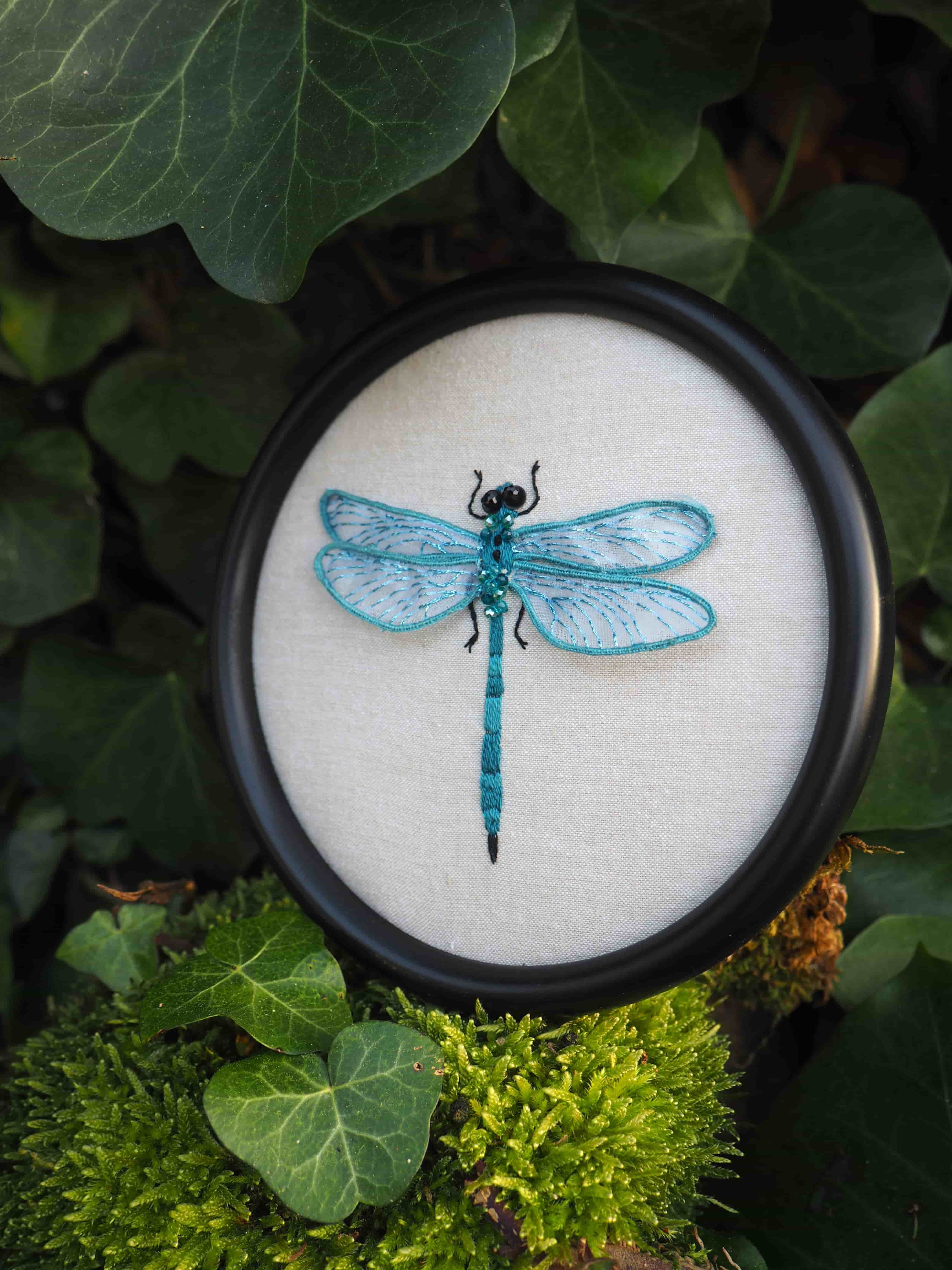 Cette image présente une broderie délicate d'une libellule bleue, encadrée dans un cercle noir et posée sur un fond naturel de verdure. **Description détaillée :** *   **Sujet principal :** Au centre de l'image se trouve un cadre circulaire noir, à l'intérieur duquel est tendu un tissu de couleur crème ou blanc cassé. Sur ce tissu est brodée une libellule.
*   **La libellule :** La libellule est représentée avec un corps allongé et des ailes translucides. Sa couleur dominante est un bleu turquoise ou bleu-vert clair, avec des nuances plus foncées et des détails noirs. Les ailes semblent avoir une texture fine, peut-être avec des fils brillants ou des perles pour simuler la translucidité et les nervures. La tête de la libellule est noire.
*   **Le cadre :** Le cadre est simple, de couleur noire, et met en valeur la broderie sans la surcharger.
*   **L'arrière-plan :** L'objet est posé sur un lit de verdure luxuriante. On distingue des feuilles de lierre vert foncé, certaines avec des reflets brillants, ainsi que des zones couvertes de mousse verte, ajoutant une texture douce et naturelle. La lumière semble venir d'en haut, créant des ombres douces et mettant en relief les textures des feuilles et de la mousse.
*   **Ambiance générale :** L'image dégage une atmosphère calme et naturelle, mettant en avant le travail artisanal de la broderie dans un cadre organique. La composition est équilibrée et agréable à l'œil.